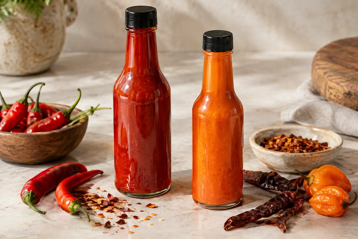 Flacons de sauces piquantes rouges et orangées accompagnés de piments