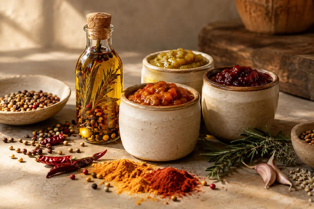 Bouteille d’huile aux épices et pots de chutney relevé sur une table claire