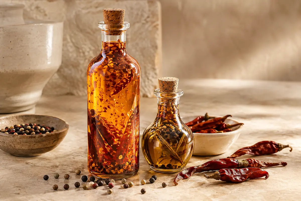 Flacons d’huile pimentée et d’huile infusée aux épices avec poivre et piments