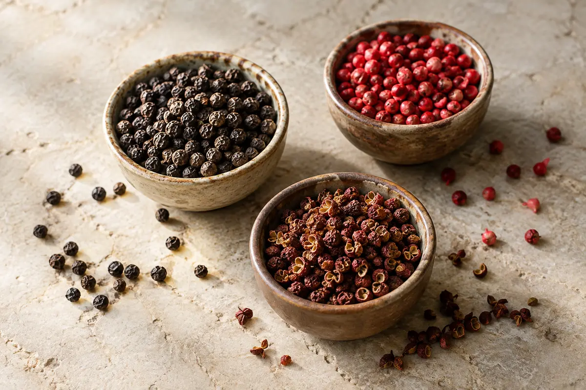 Poivre noir, baies roses et baies de Sichuan présentés en grains entiers