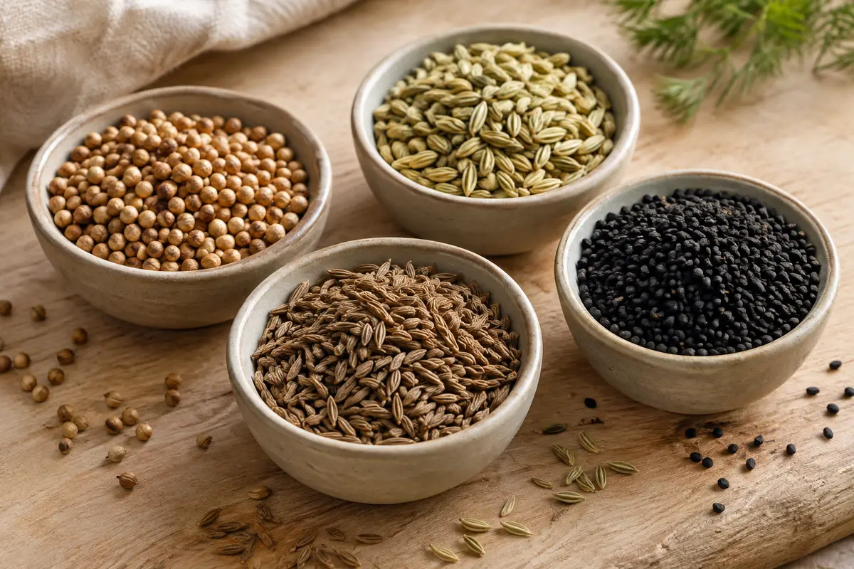 Graines de cumin, coriandre, fenouil et nigelle dans de petits bols
