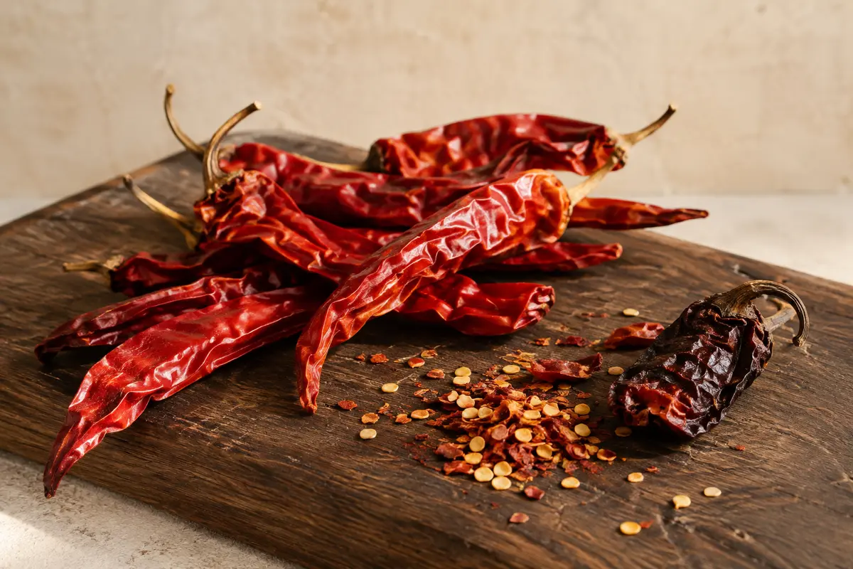 Piments rouges séchés entiers et flocons disposés sur une planche en bois