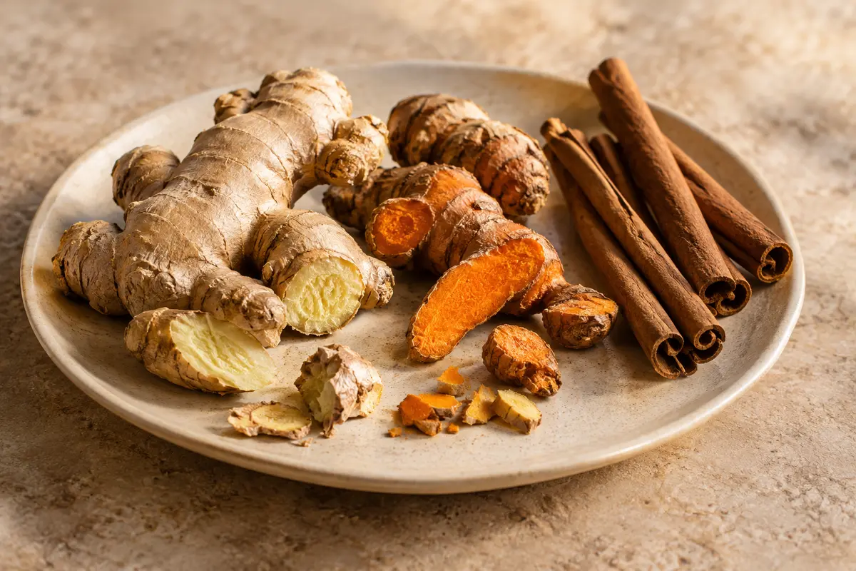 Gingembre séché, morceaux de curcuma et bâtons de cannelle sur céramique claire
