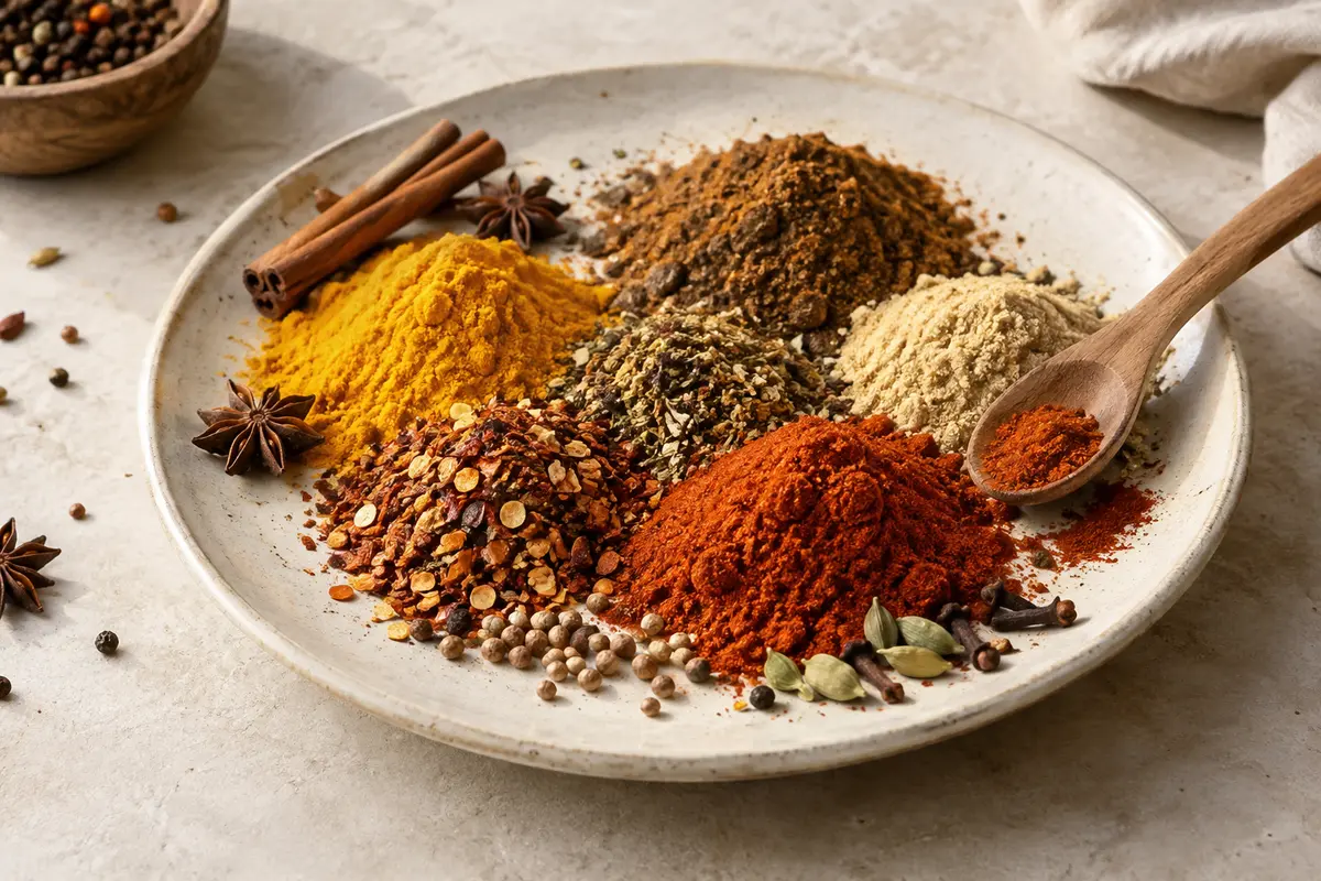 Différents mélanges d’épices colorés disposés sur une assiette en céramique