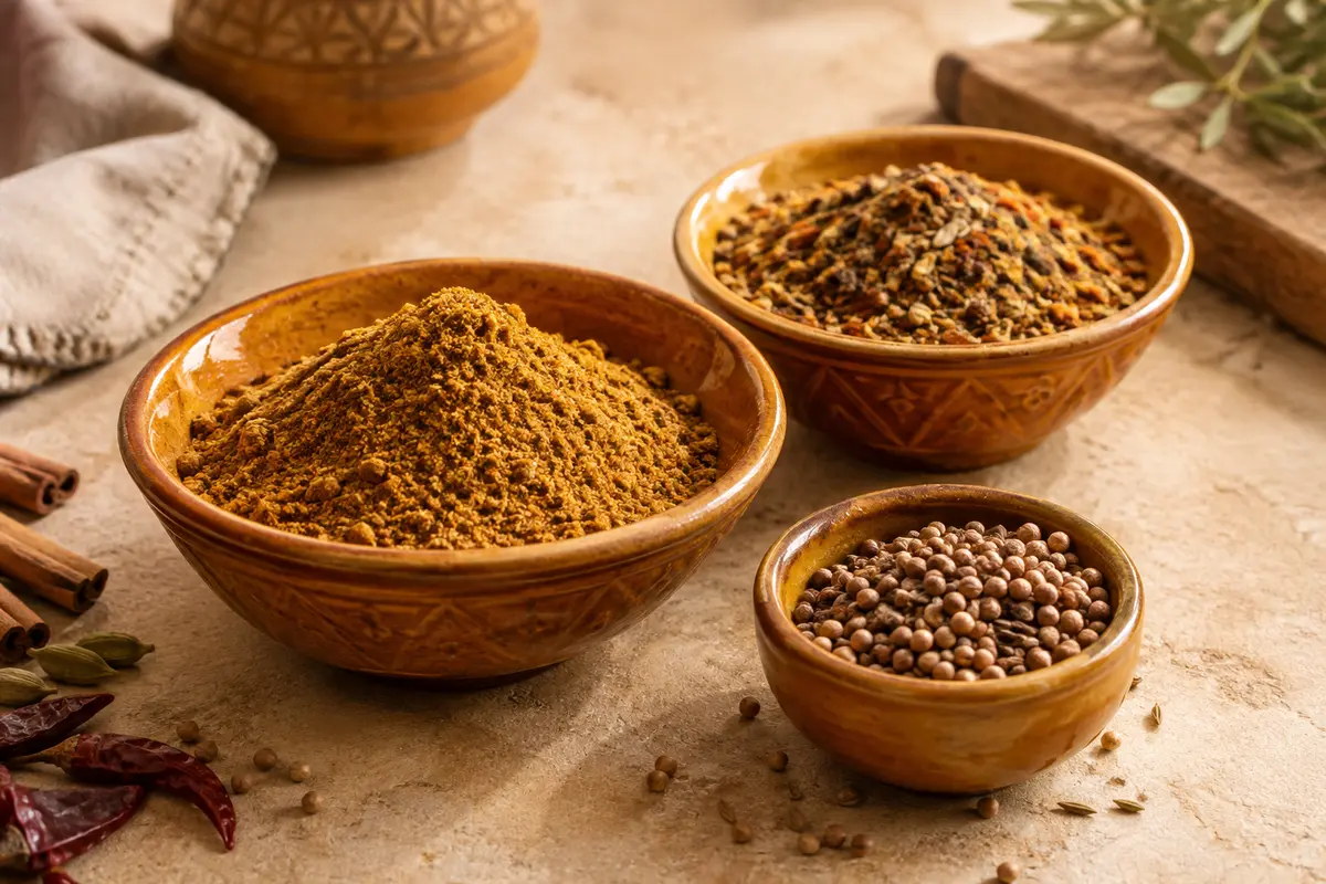 Coupelles de ras el hanout et d’épices pour tajine sur une pierre beige
