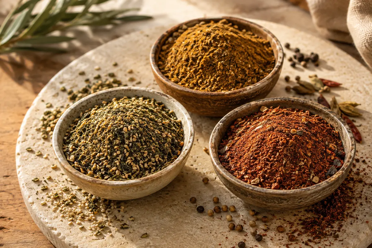Bols de zaatar, garam masala et baharat sur un plateau en pierre claire