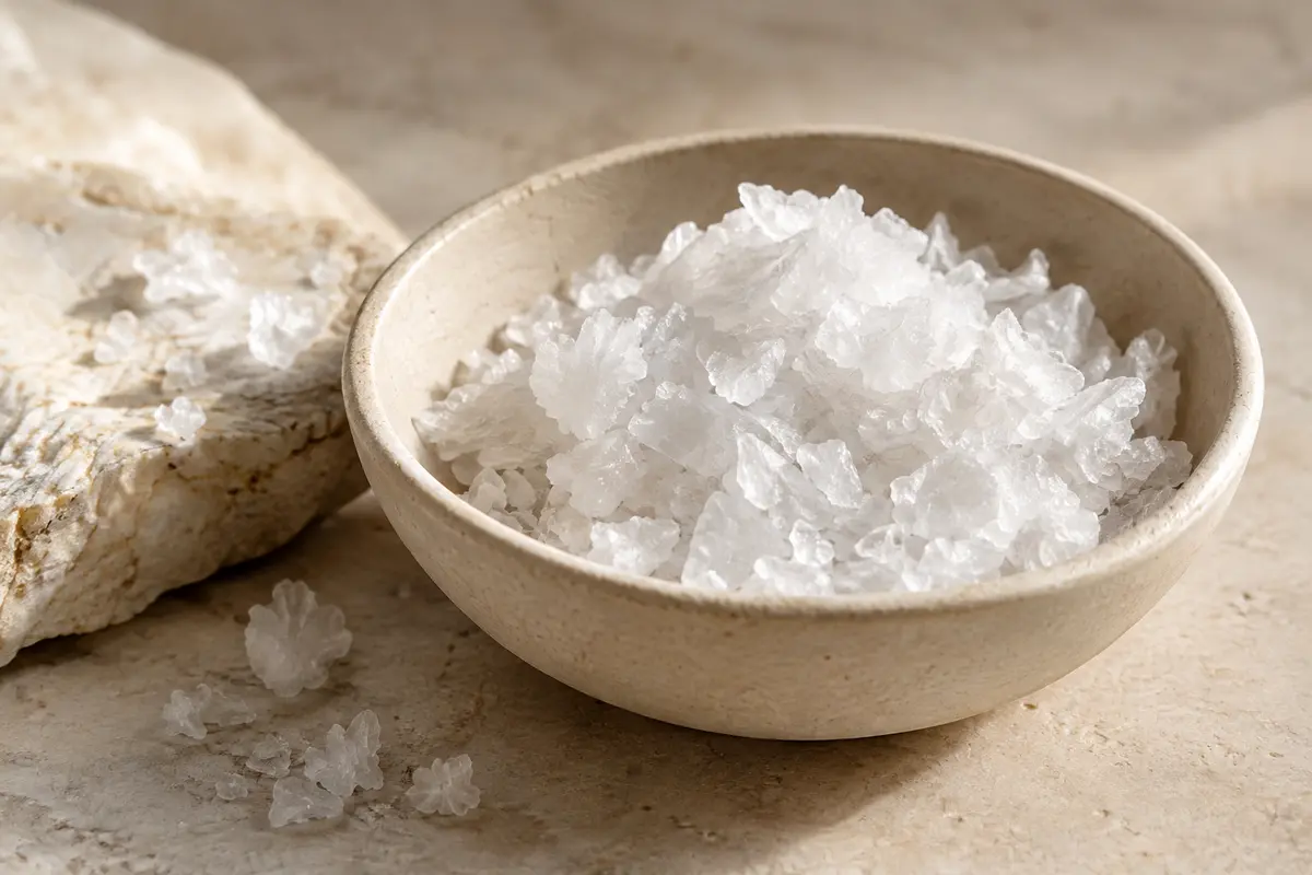 Fleur de sel et flocons blancs présentés dans une coupelle en céramique