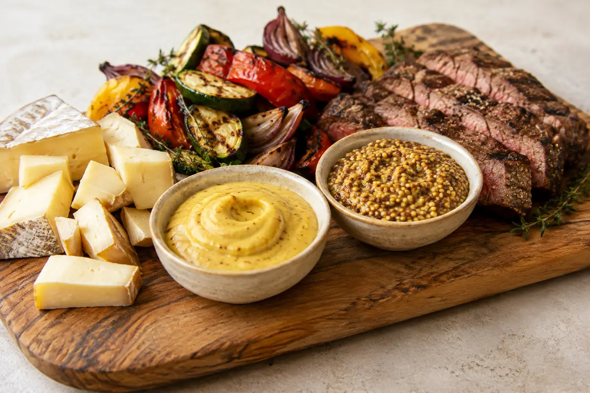 Deux textures de moutarde épicée servies avec du fromage, de la viande grillée et des légumes rôtis.