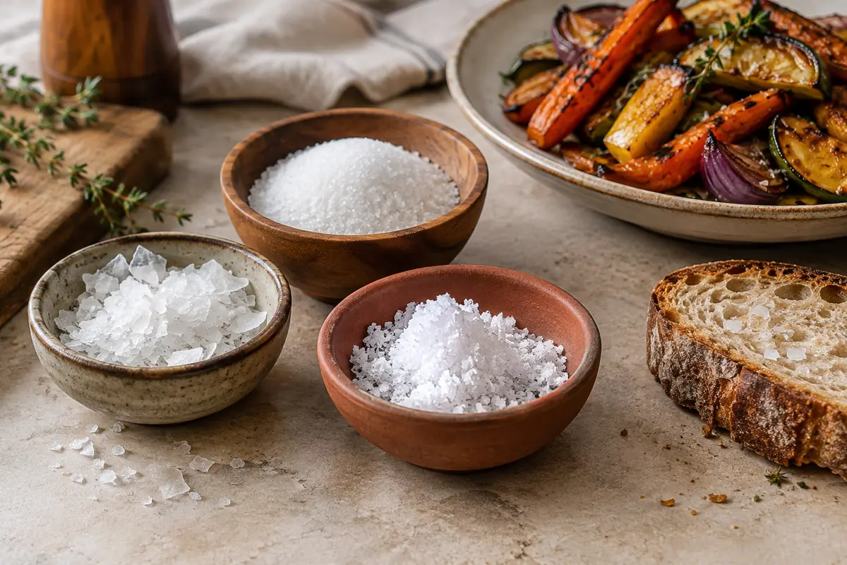 Flocons et cristaux de sel de finition présentés près de légumes rôtis et d’une tranche de pain