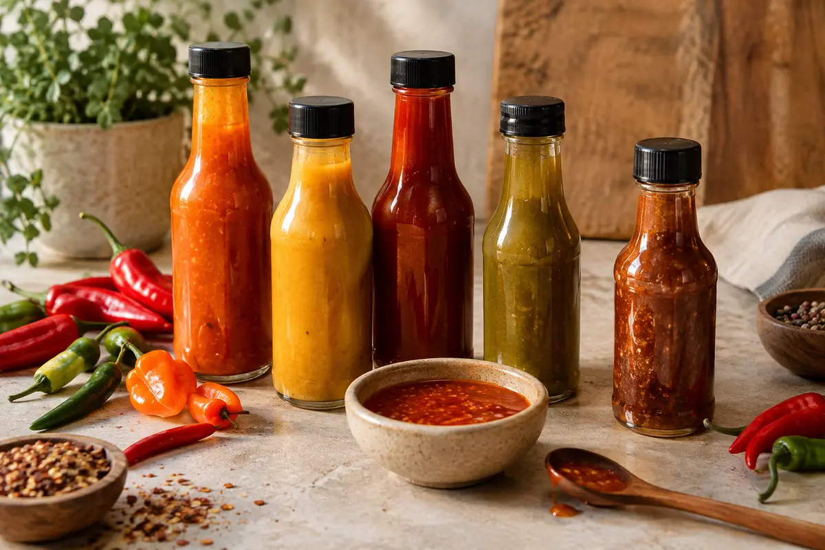 Flacons de sauces piquantes de textures variées accompagnés de piments et d’un petit bol de dégustation