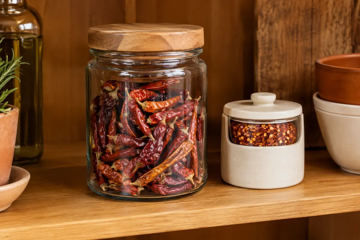 Bocal de piments séchés entiers et récipient de flocons rangés dans un placard sec.