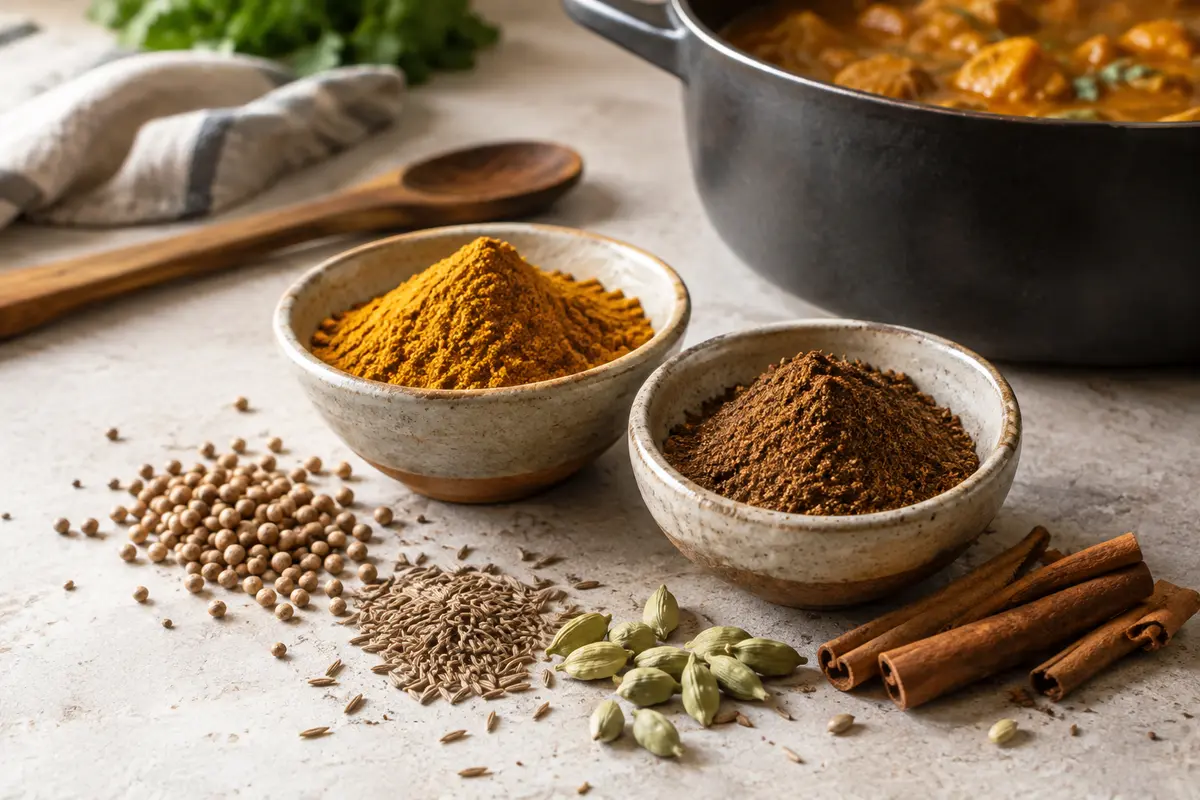 Deux bols de curry et de garam masala près d’épices entières et d’une sauce mijotée.