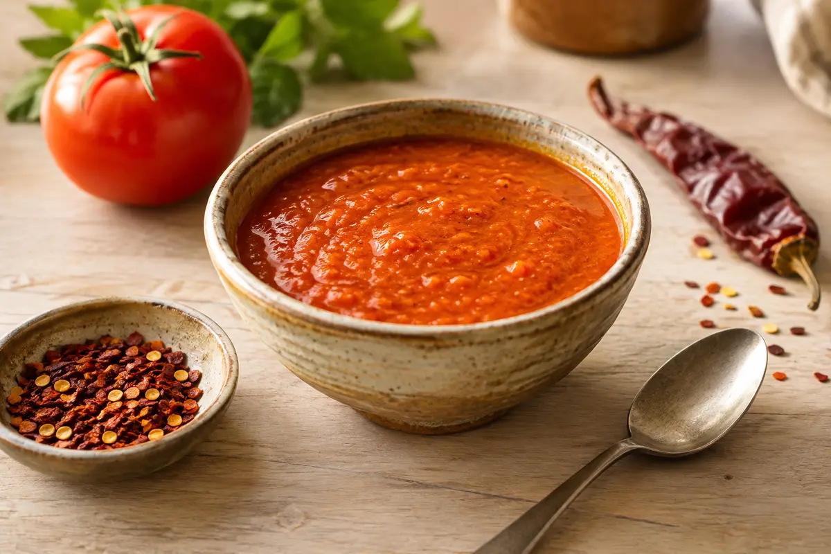 Sauce maison douce accompagnée d’un petit bol de flocons de piment à ajouter selon les goûts