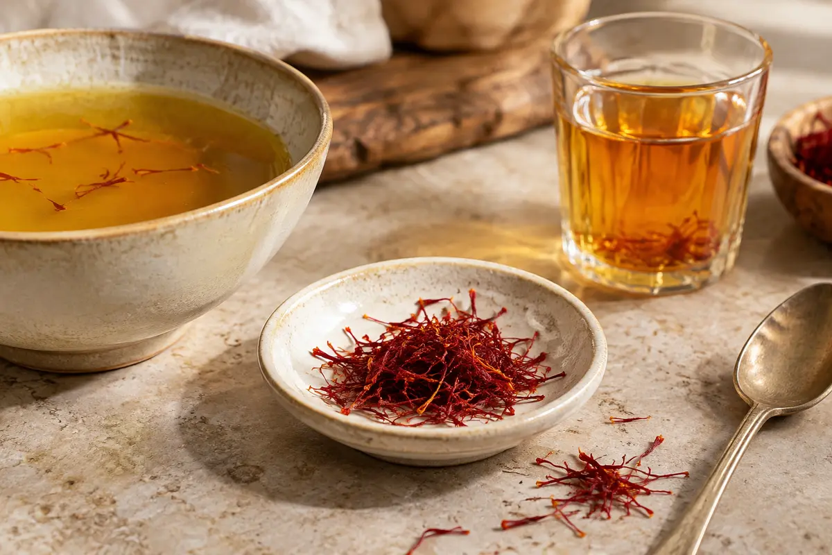 Stigmates de safran près d’une infusion ambrée et d’un bol de bouillon doré