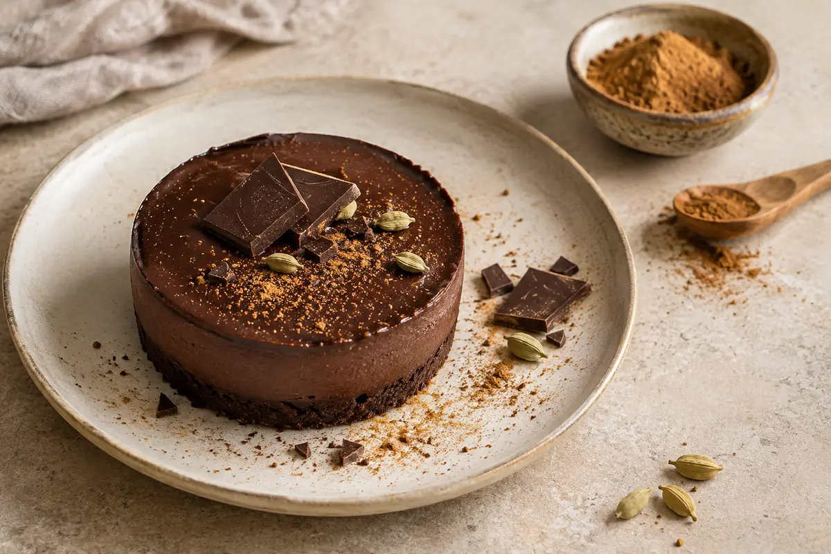 Dessert au chocolat noir accompagné de cannelle, de cardamome et de quelques carrés de chocolat