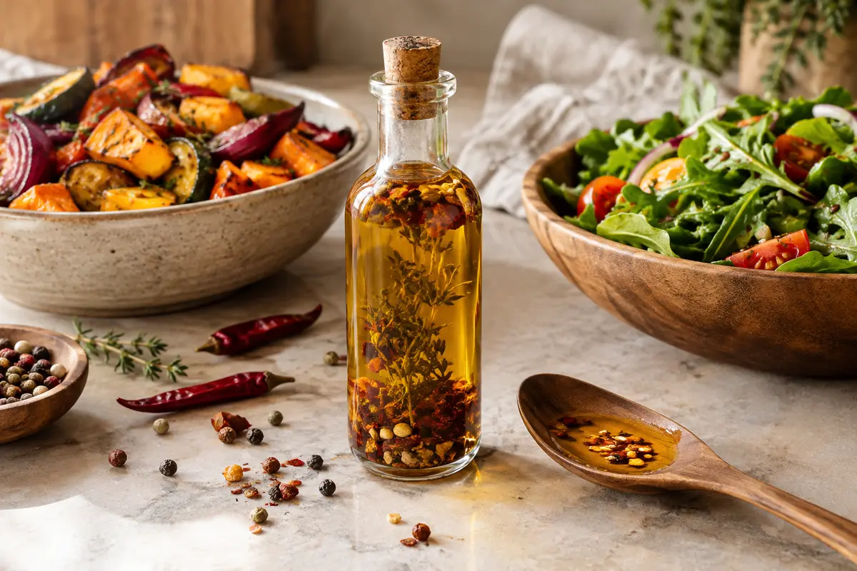 Bouteille d’huile aux épices près d’une salade, de légumes rôtis et de piments secs.