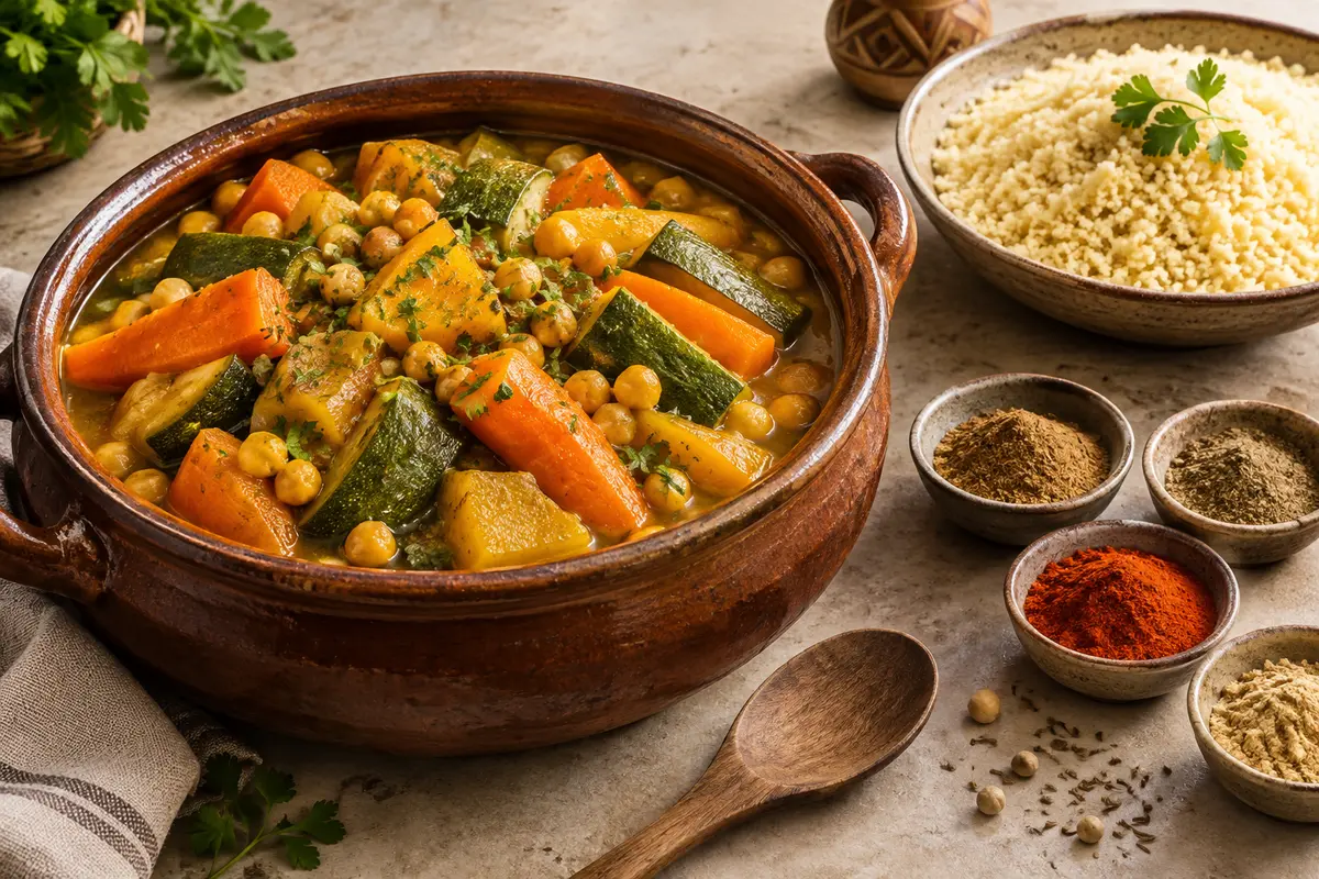 Marmite de couscous aux légumes entourée de petits bols d’épices pour ajuster le bouillon