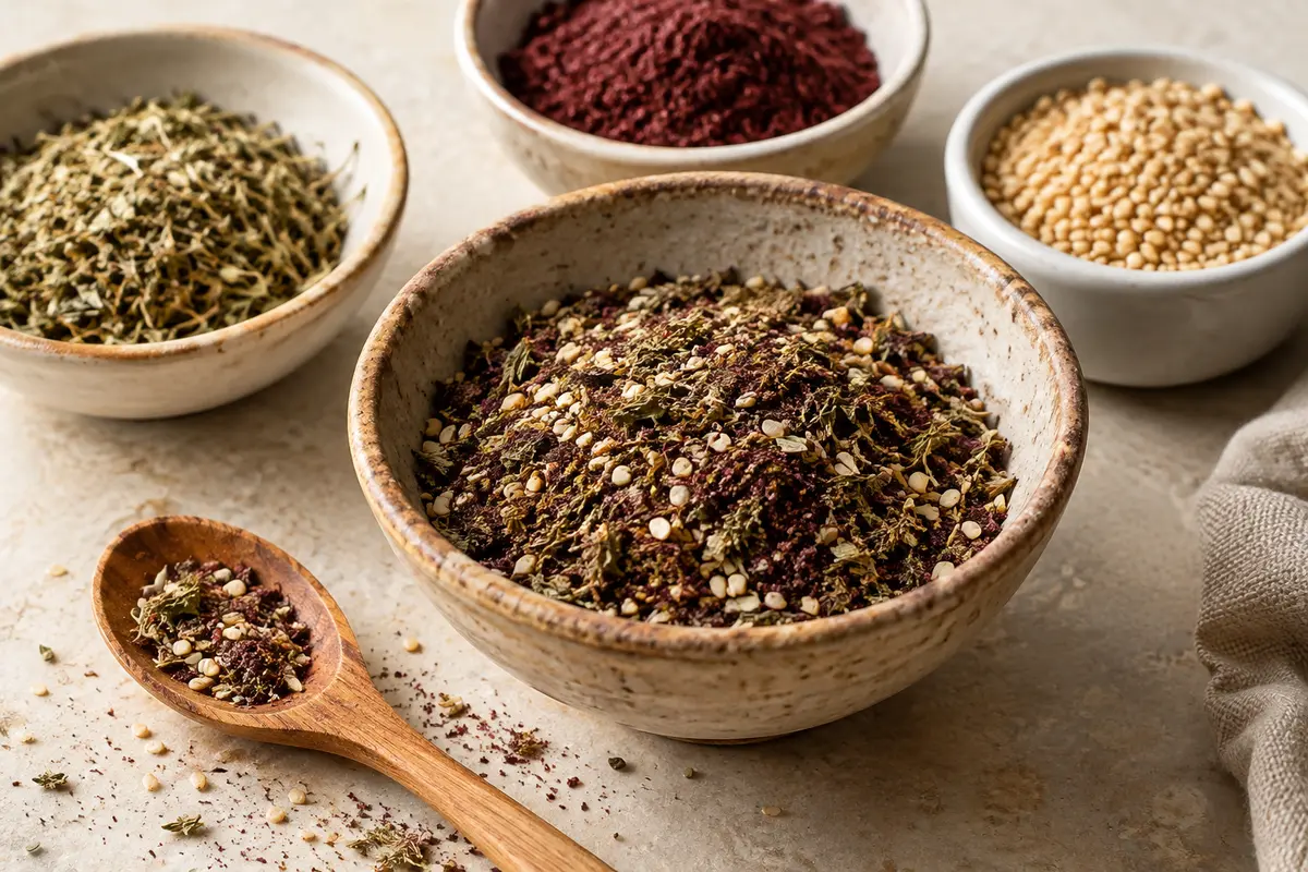Mélange de zaatar avec herbes sèches, sumac rouge et graines de sésame toastées