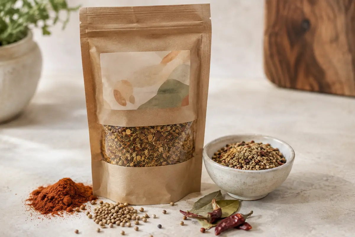 Sachet de mélange d’épices et ingrédients bruts disposés sur une table pour évoquer la lecture de l’étiquette.