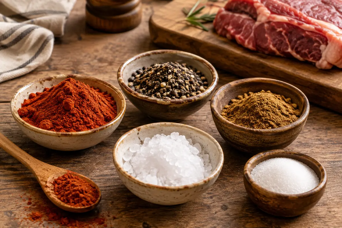 Bols de sel, de sucre et d’épices réunis pour composer un rub maison destiné au barbecue
