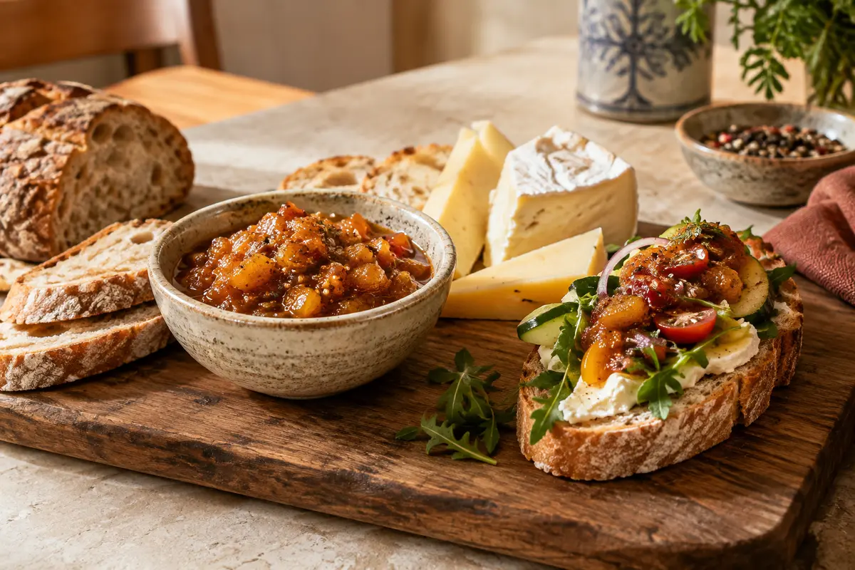 Bol de chutney épicé servi avec du fromage, du pain rustique et un sandwich garni