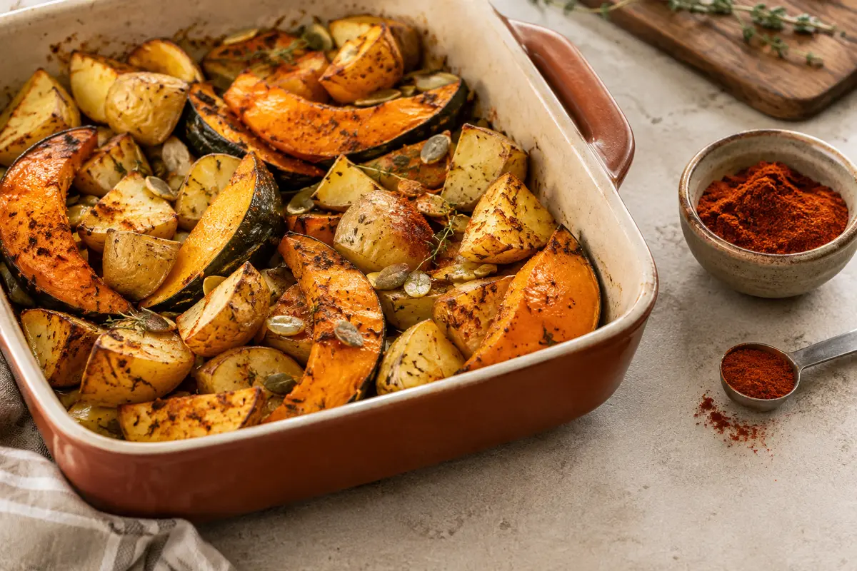 Paprika fumé en poudre près d’un plat de légumes rôtis et d’une cuillère de mesure.
