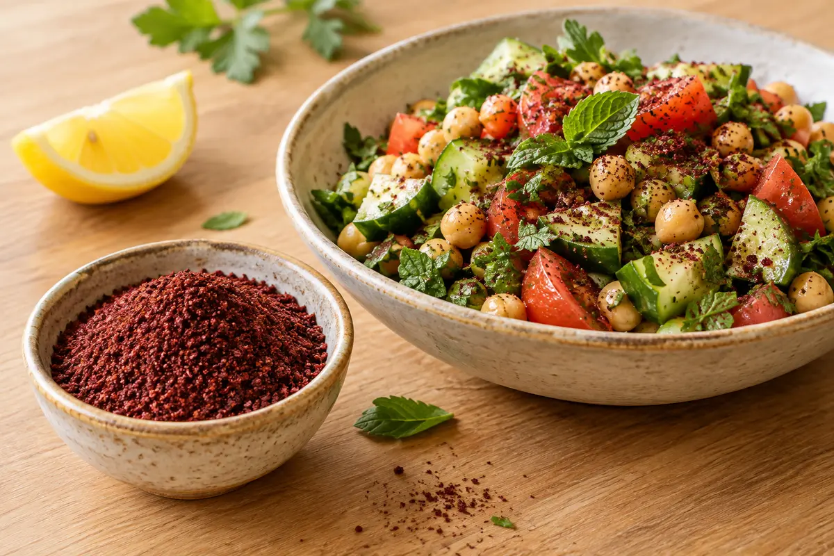 Bol de sumac en poudre près d’une salade de tomates, concombre et pois chiches