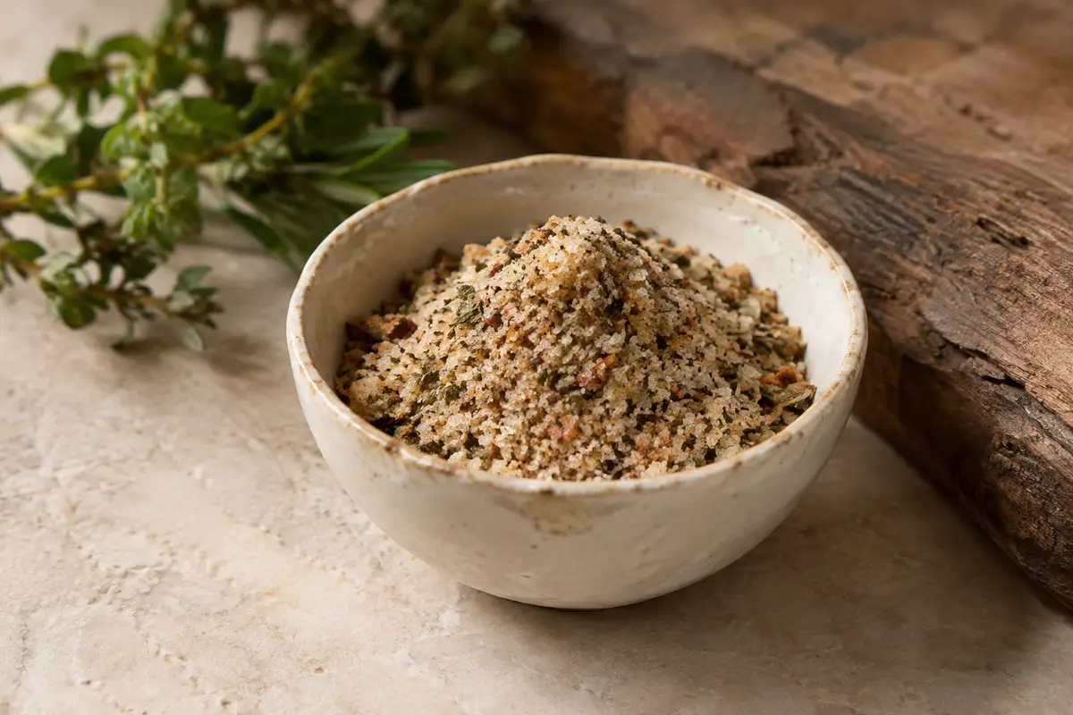 Sel marin aromatisé aux herbes et légumes présenté en poudre dans une coupelle en céramique