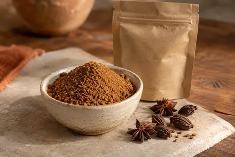Garam masala en poudre dans une coupelle crème, avec anis étoilé et cardamome noire