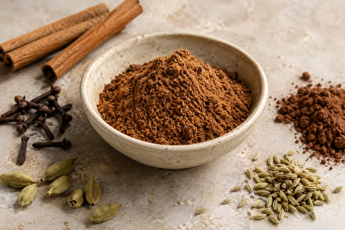 Mélange en poudre pour pain d’épices dans une coupelle en céramique, entouré de quelques épices entières.