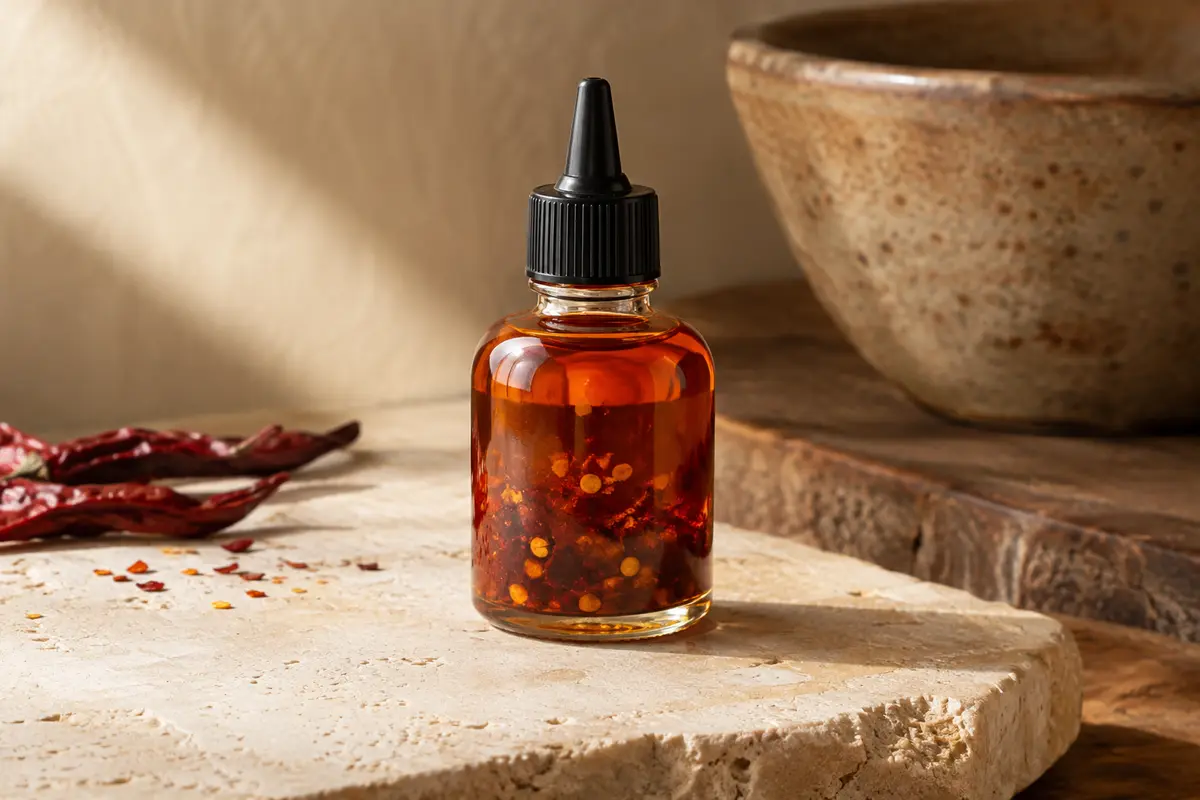 Petit flacon d’huile de piment avec embout doseur, posé sur une pierre claire.