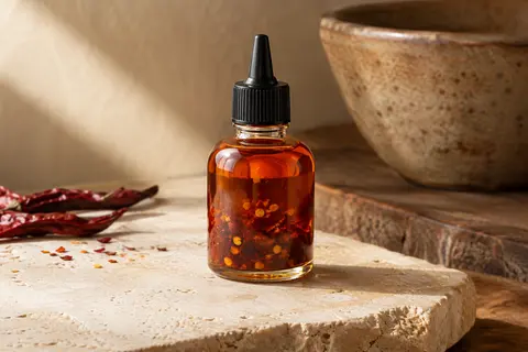 Petit flacon d’huile de piment avec embout doseur, posé sur une pierre claire.