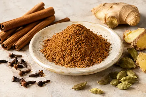 Mélange pour pain d’épices en poudre accompagné de cannelle, girofle et gingembre sur une céramique claire.
