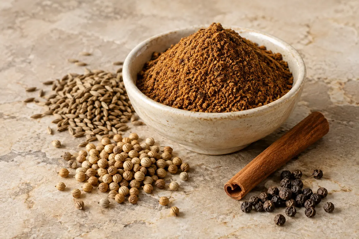 Poudre de Baharat dans une coupelle en céramique, avec cumin, coriandre et cannelle sur pierre claire.