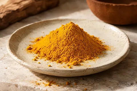 Poudre de curcuma jaune vif déposée sur une céramique crème, photographiée sur une pierre claire.