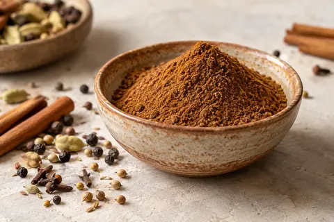 Poudre de garam masala dans une coupelle artisanale posée sur une pierre claire