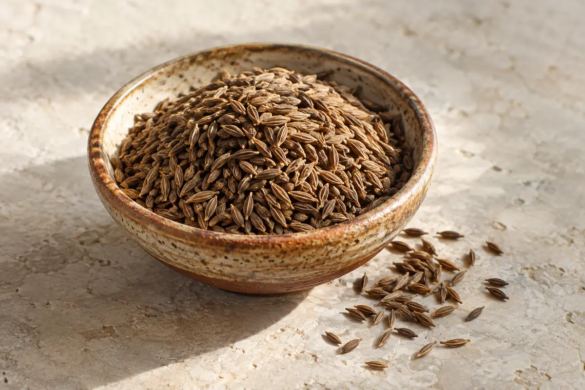 Graines de cumin entières dans une coupelle en céramique sur une pierre claire