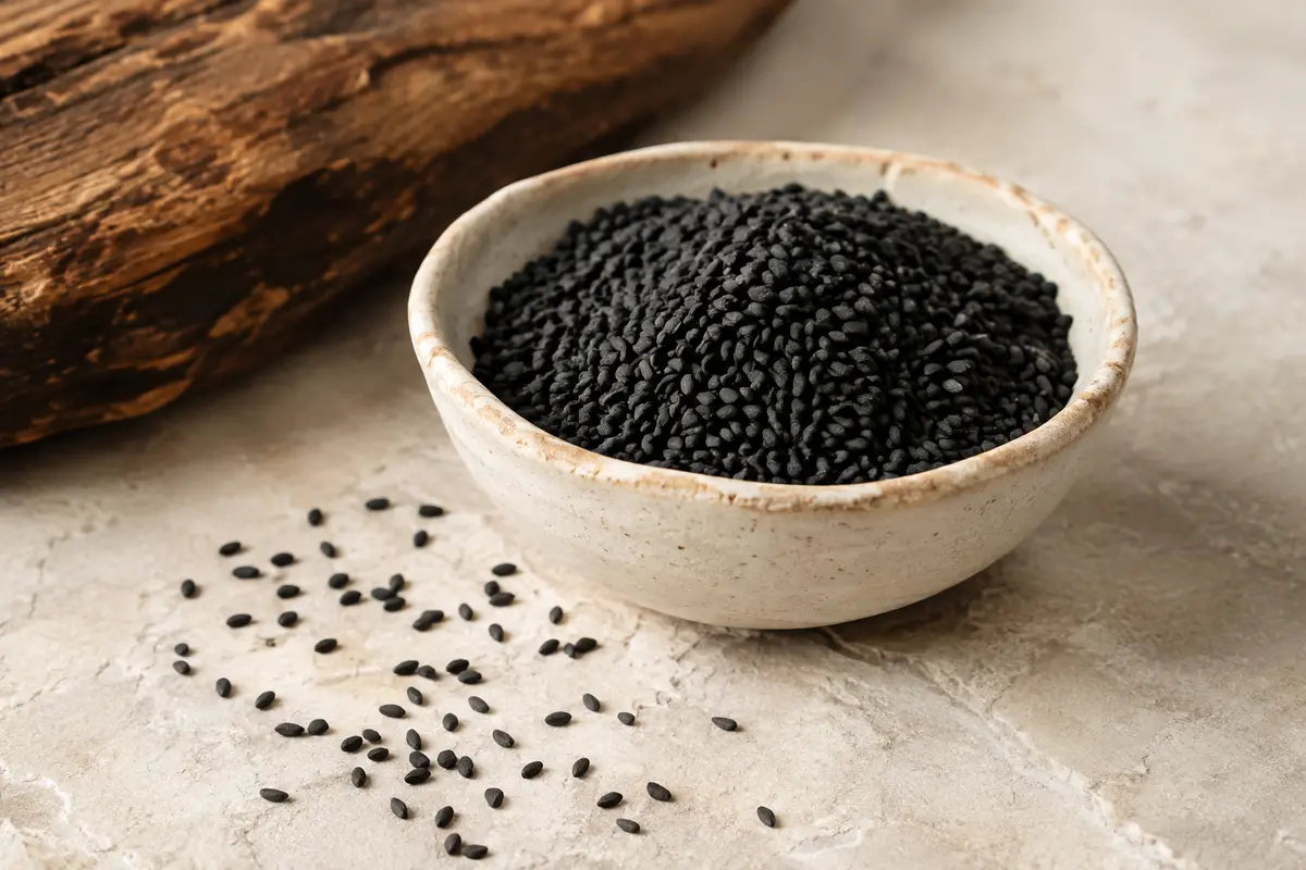 Graines entières de nigelle noires dans une coupelle en céramique posée sur une pierre claire
