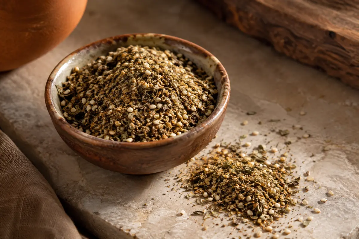 Mélange zaatar aux herbes, au sésame et au cumin présenté dans une coupelle artisanale