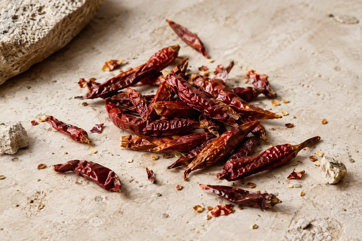 Petits piments Bird’s Eye entiers et séchés disposés sur une pierre claire