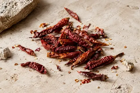 Petits piments Bird’s Eye entiers et séchés disposés sur une pierre claire