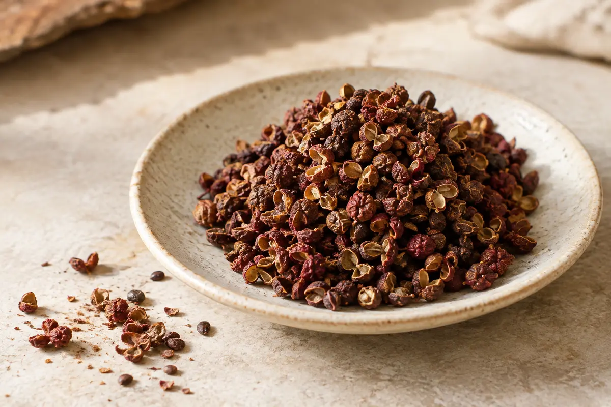 Baies entières de poivre du Sichuan séchées, disposées sur une céramique artisanale claire.