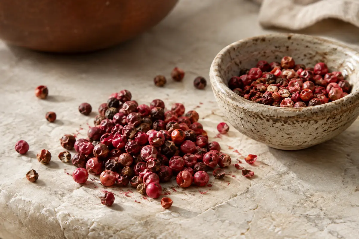 Baies de poivre rose entières et quelques grains concassés sur une pierre claire