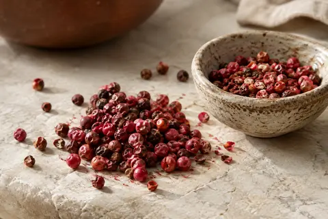 Baies de poivre rose entières et quelques grains concassés sur une pierre claire