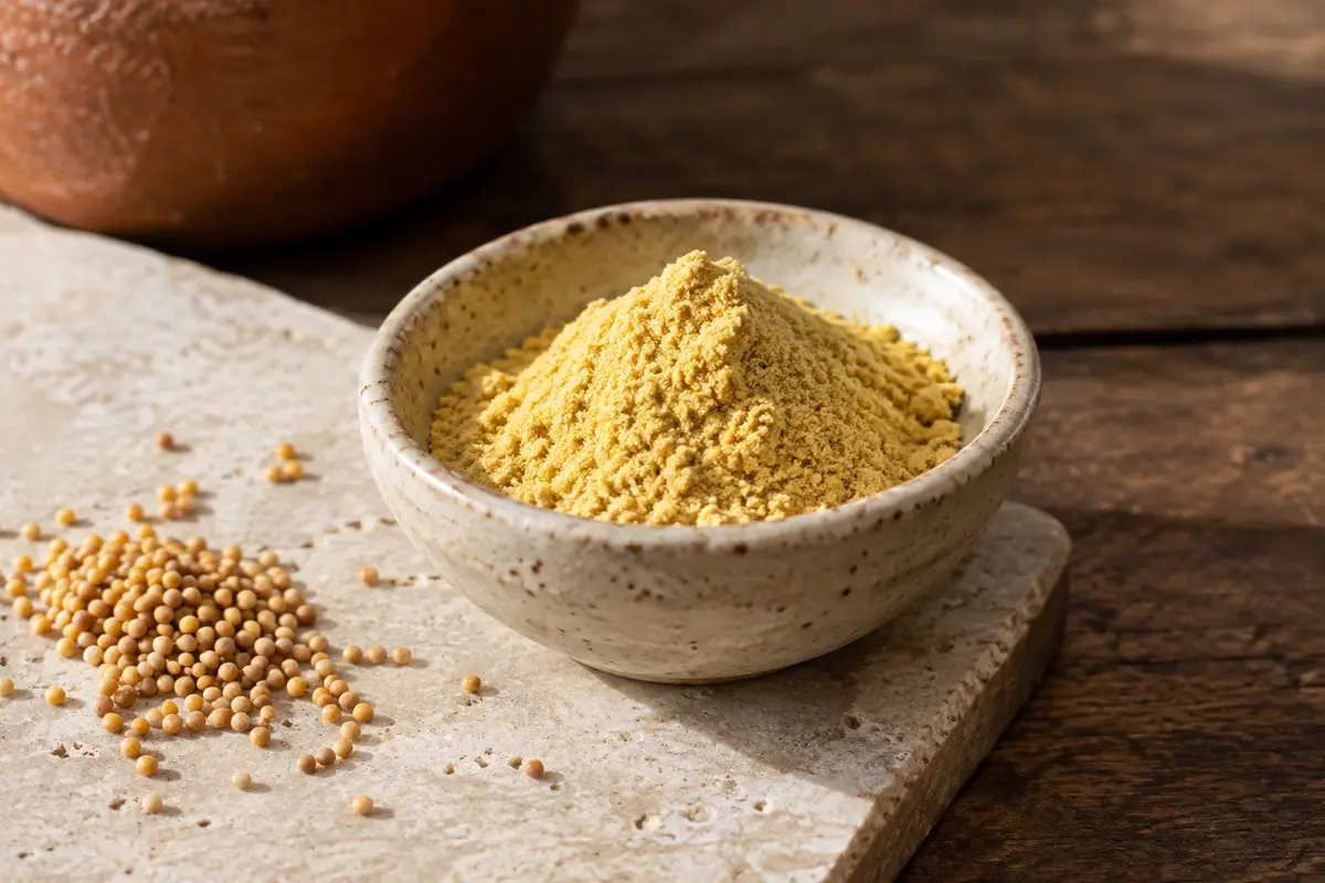 Poudre de moutarde jaune dans une coupelle artisanale, avec quelques graines entières sur une pierre claire.