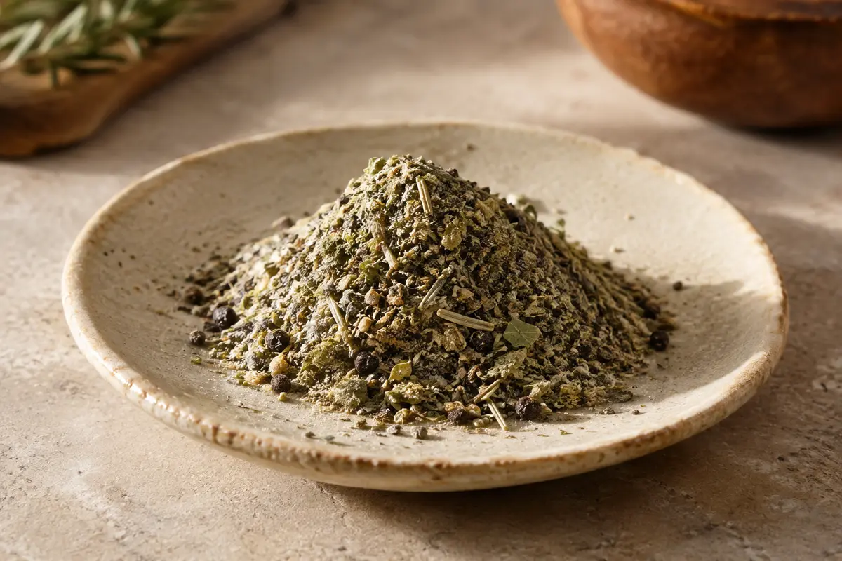 Sel en poudre parsemé d’herbes méditerranéennes sur une céramique claire.