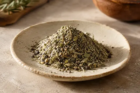 Sel en poudre parsemé d’herbes méditerranéennes sur une céramique claire.