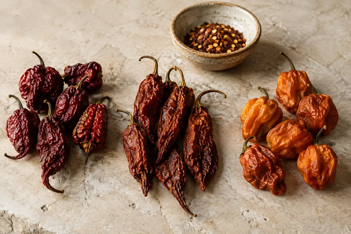 Quinze piments entiers séchés, en trois groupes, posés sur une pierre claire près d’une coupelle.
