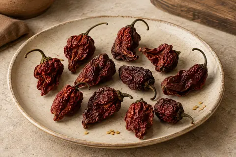 Dix piments Carolina Reaper entiers séchés, rouge sombre et plissés, posés sur une céramique claire.