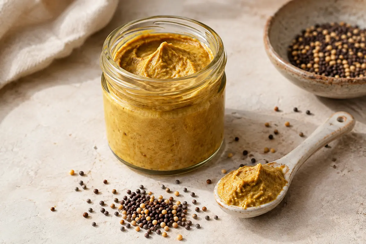 Bocal ouvert de condiment à la moutarde jaune ocre posé sur une pierre claire avec quelques graines.